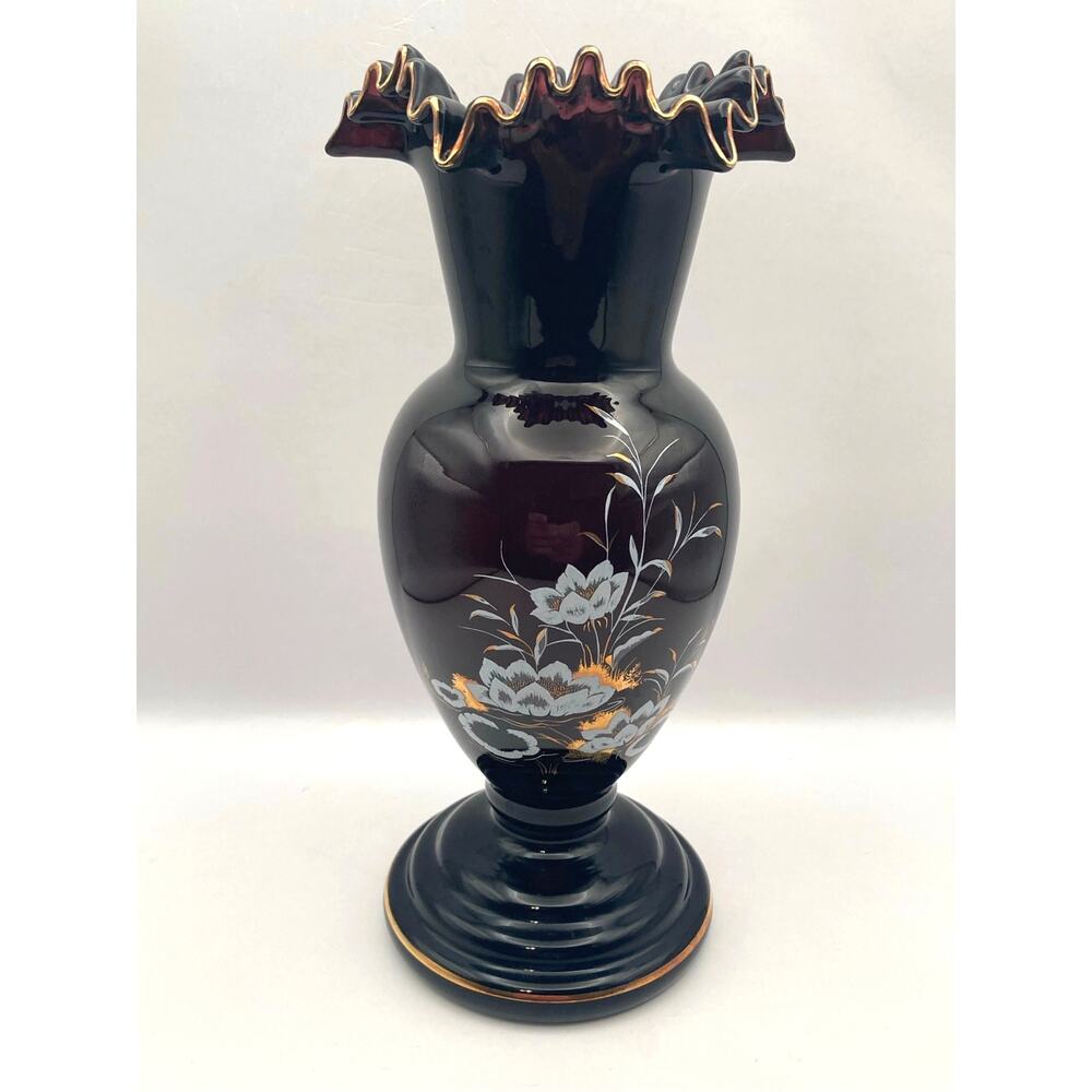 VTG Crystalex Deep Amethyst Bohemian Czech Crystal Vase Painted Flowers 8.5" Tal